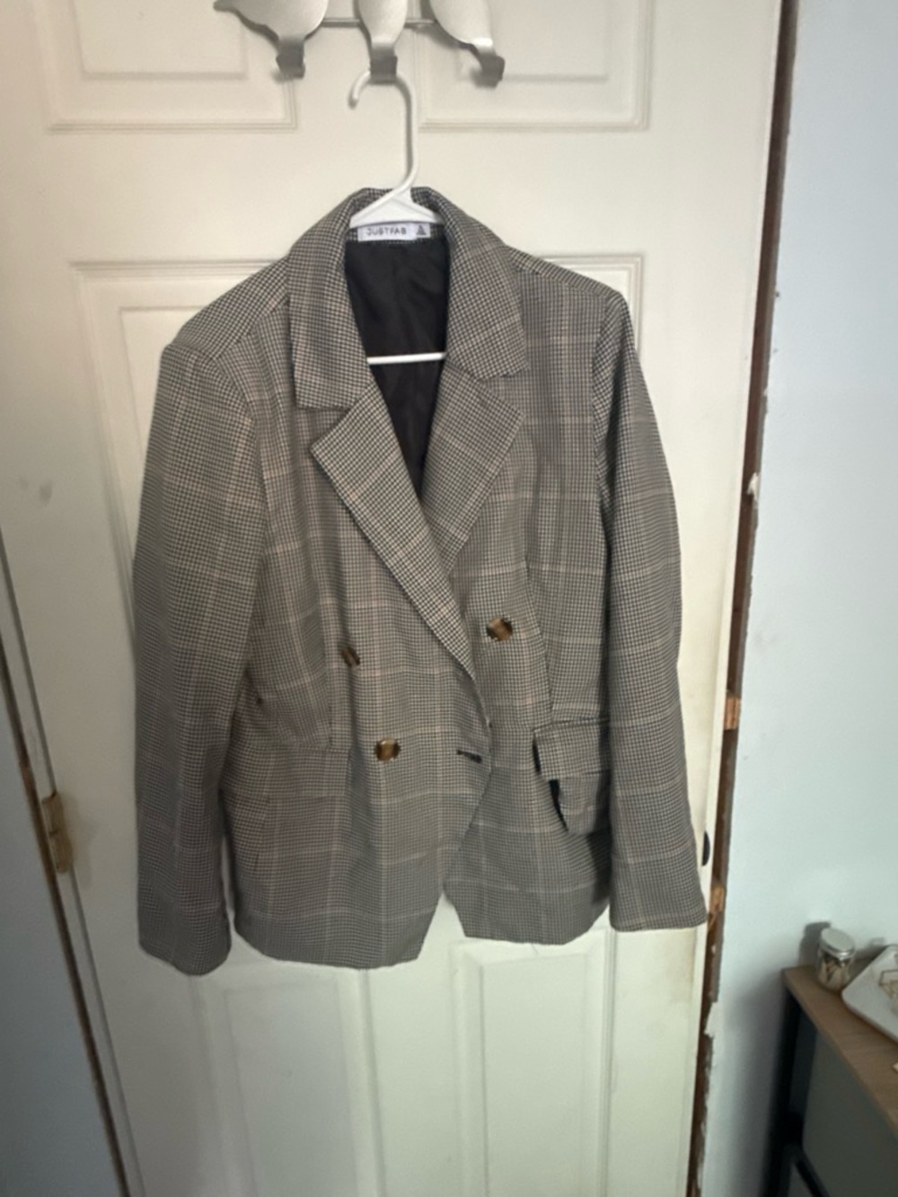 JustFab Double-Breasted Plaid Blazer - Brown/Black